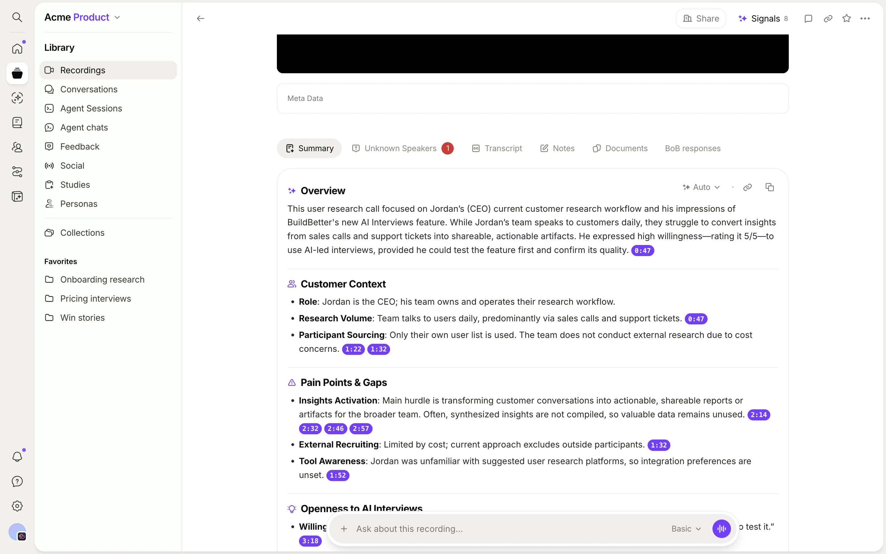 An interview saved as a recording, with an AI summary that cites timestamps