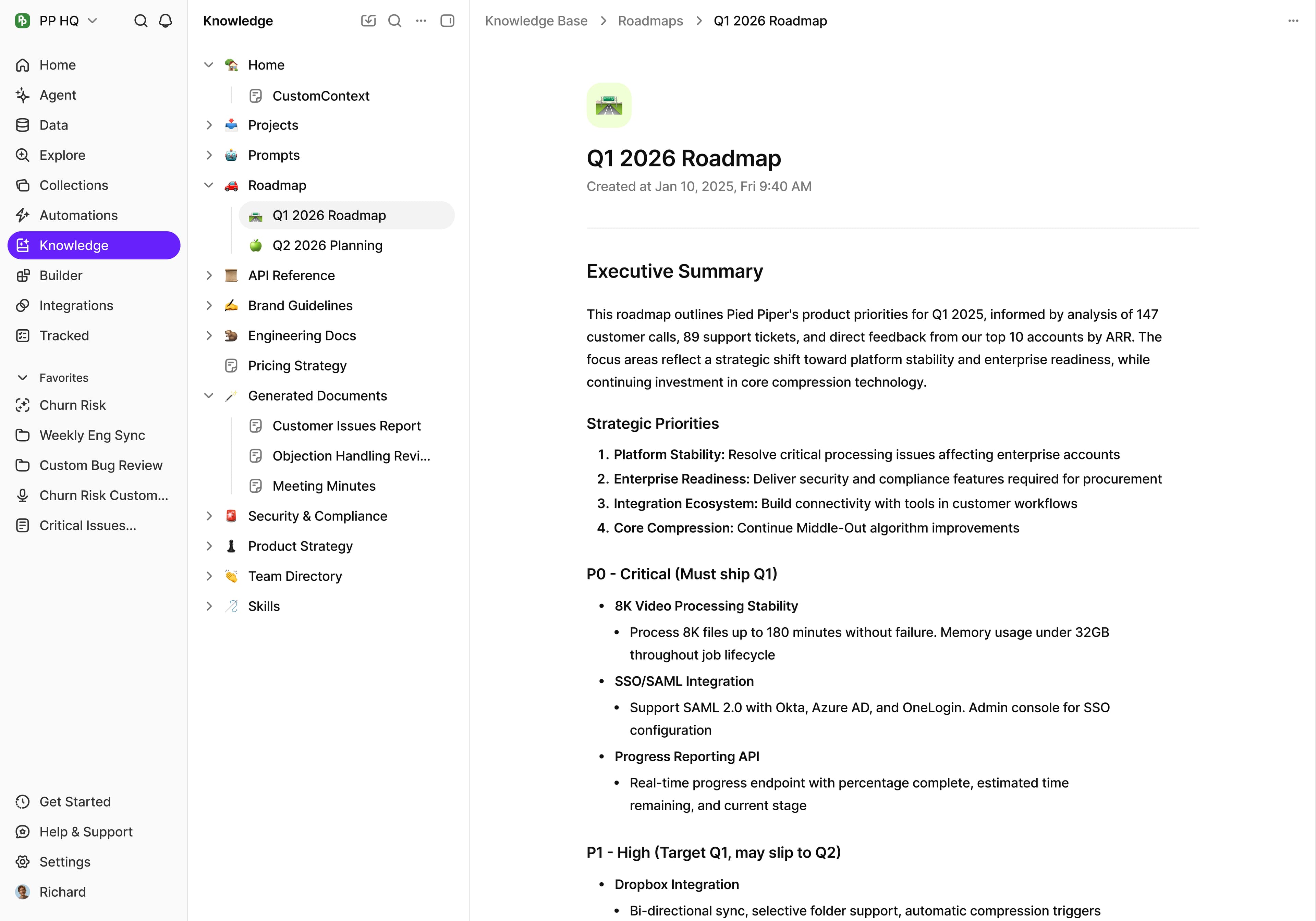 Knowledge base dashboard showing imported documents and AI processing status