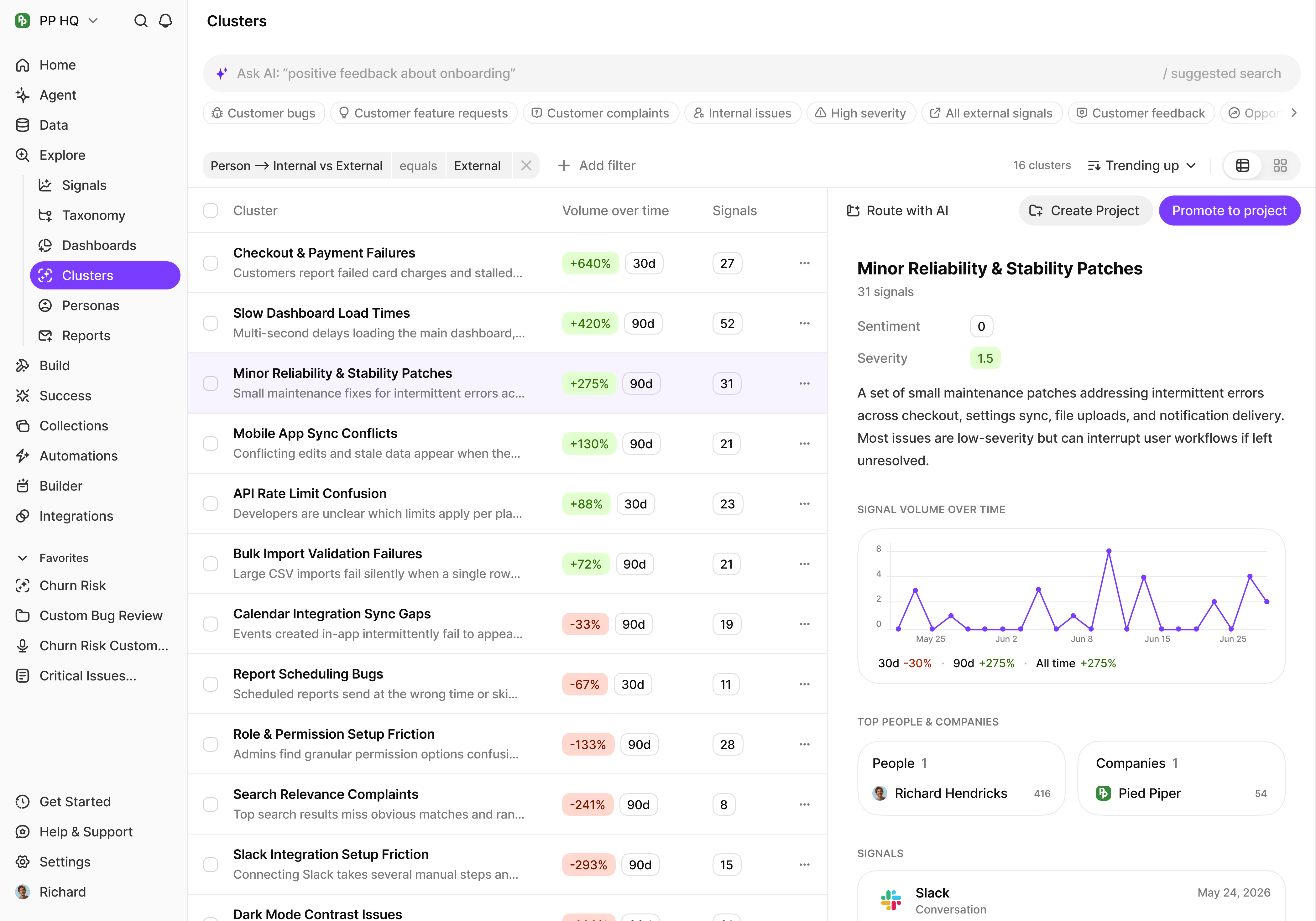 Clusters dashboard with metrics and signal themes