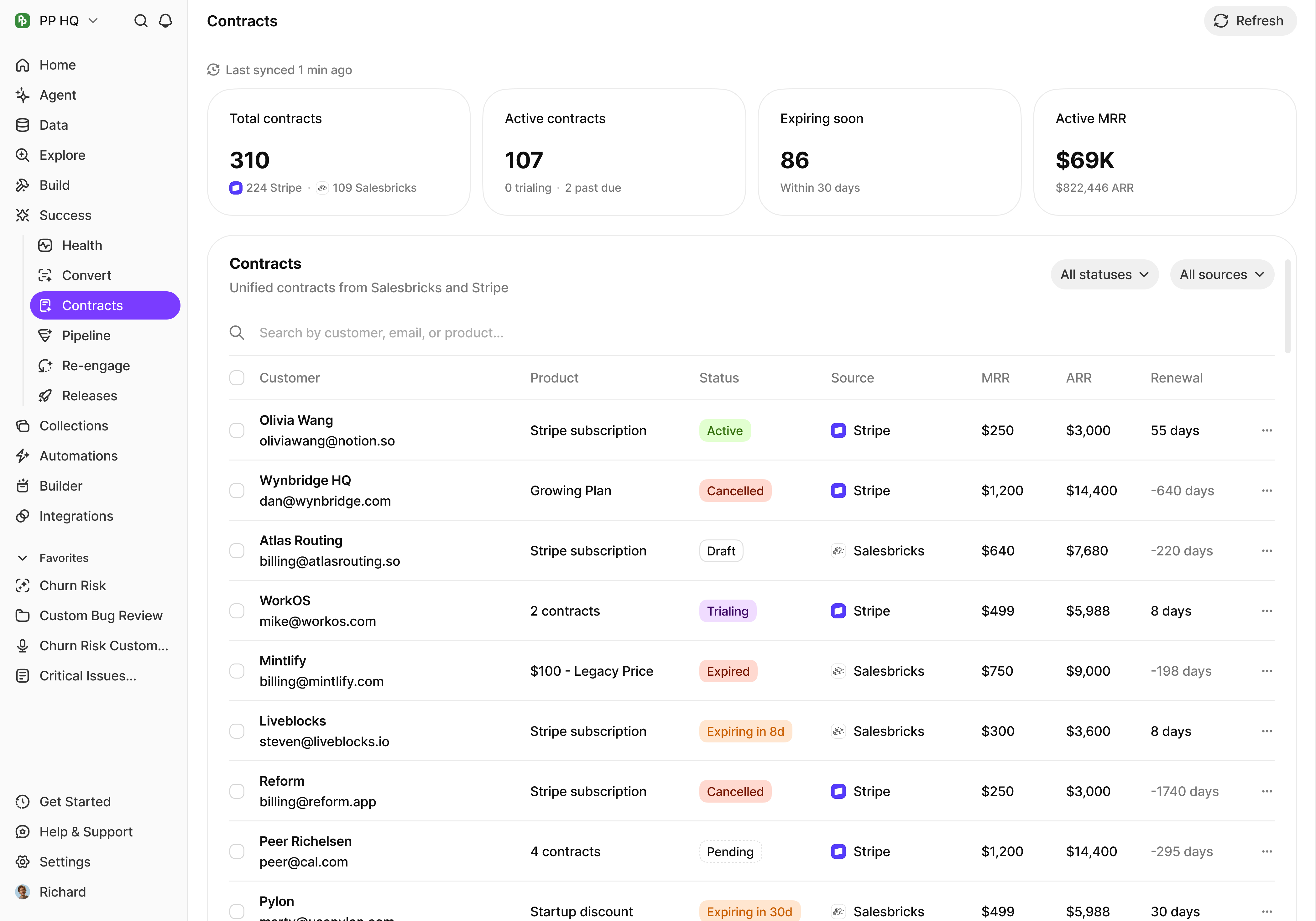 Contracts dashboard with total contracts, expiring soon, active MRR, and a unified subscriptions table