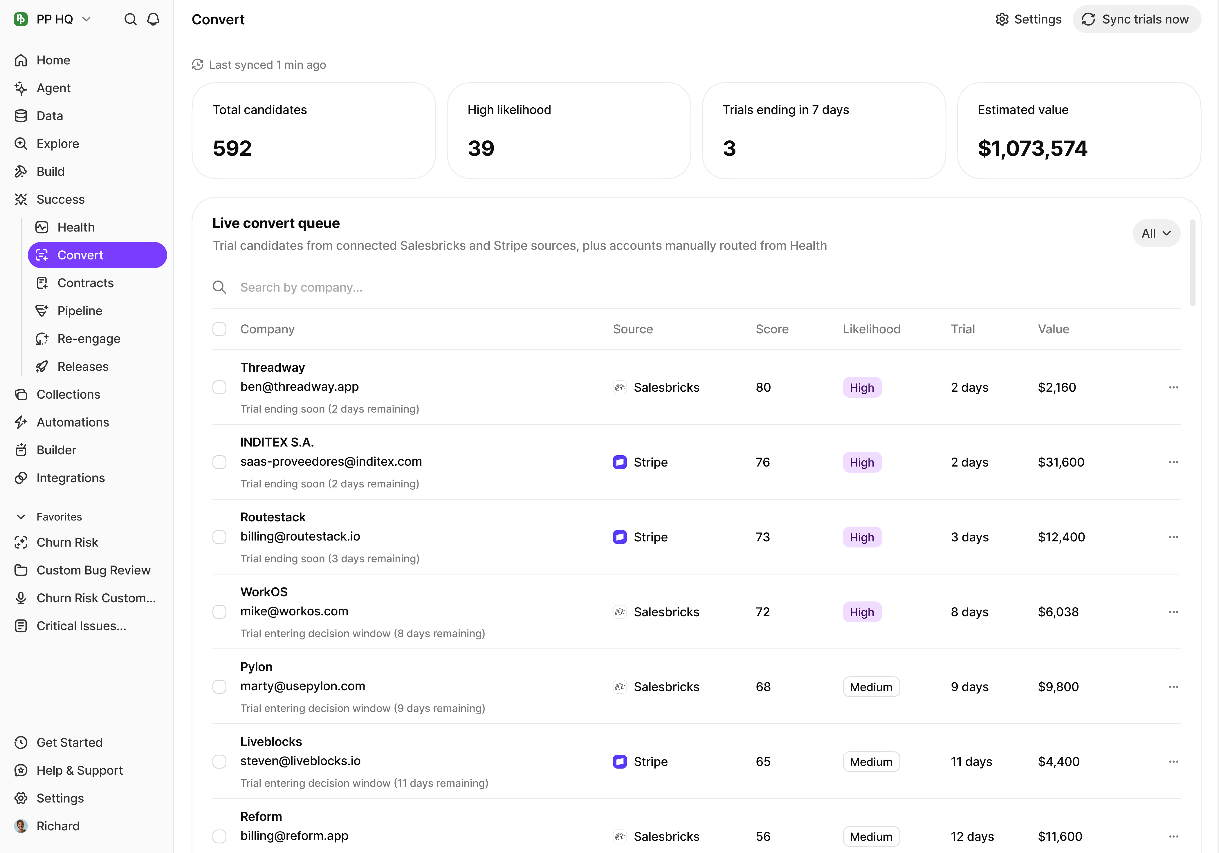Convert dashboard ranking trials by conversion likelihood with urgency and estimated value