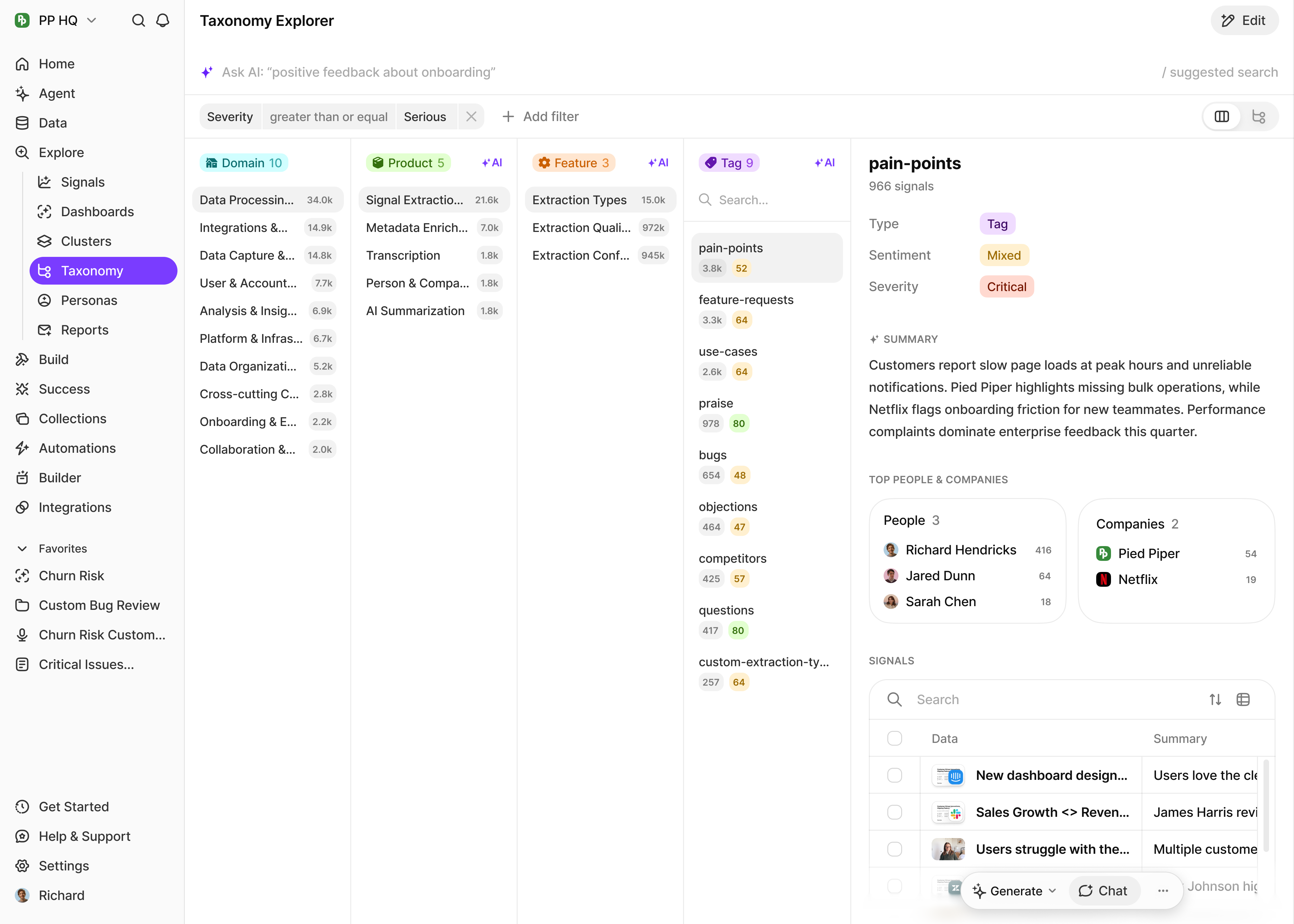 Taxonomy Explorer with Domain, Product, Feature, and Tag columns plus a pain-points detail panel