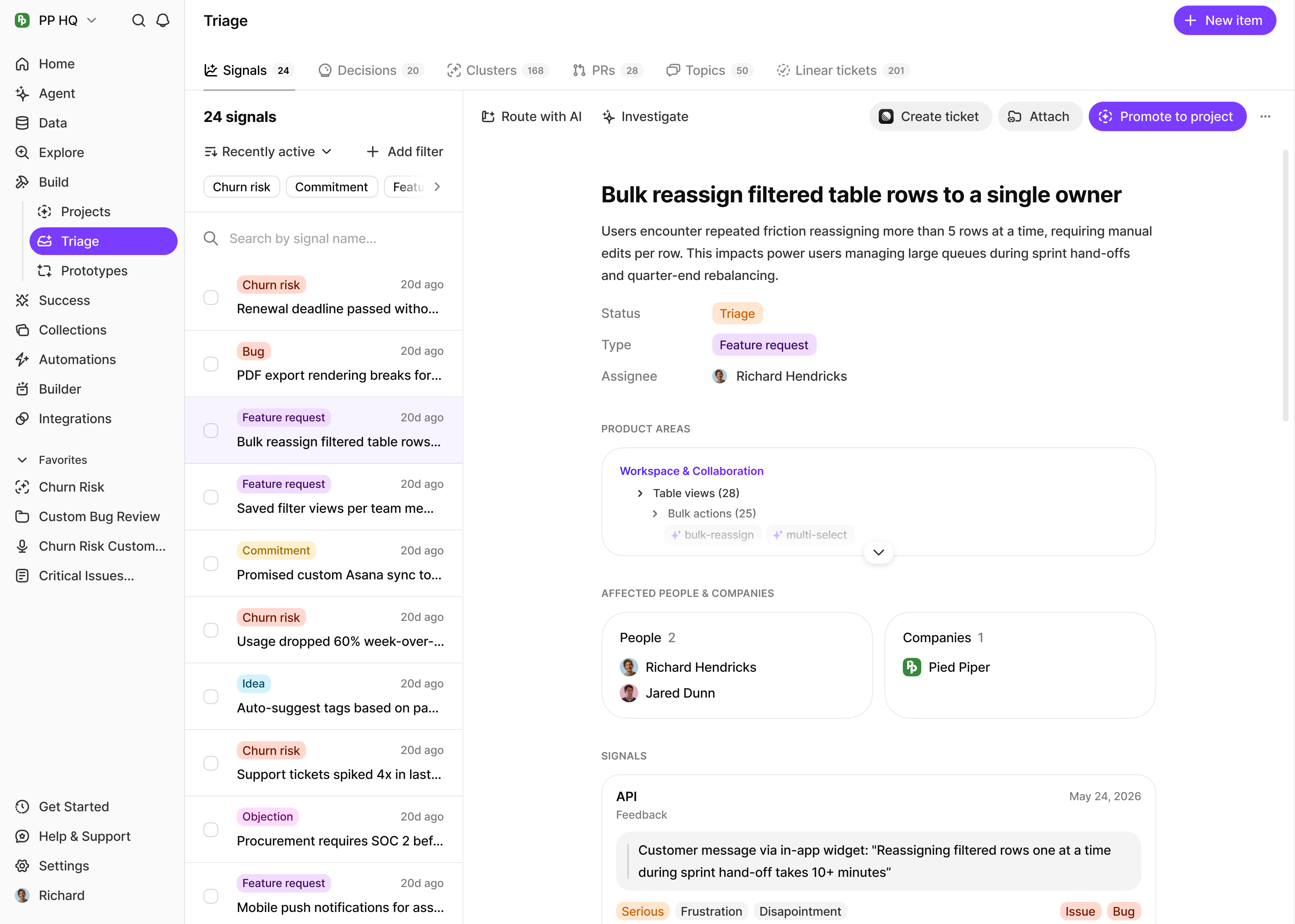 Triage queue showing signals, decisions, clusters, PRs, and tickets with a selected signal opened for product-areas, affected people, and source review
